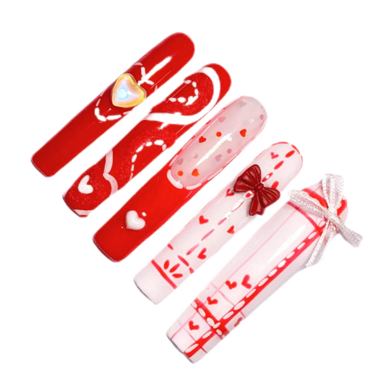 Ribboned Red Handmade Nails-H006