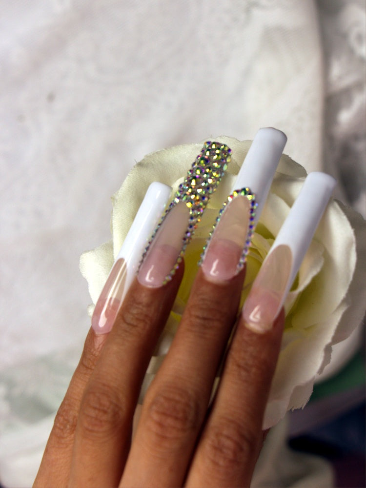 French Pink & White Diamond Nails H44-1205